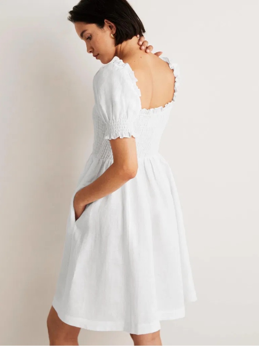 Boden White Linen Puff-Sleeve Smocked Short Dress size 6 long tall - Picture 3 of 6